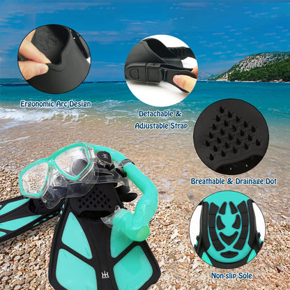 HH HHAO SPORT Children's snorkel set with fins, 180° panorama wide view diving goggles children, adjustable flippers, high-quality diving mask and dry top snorkel
