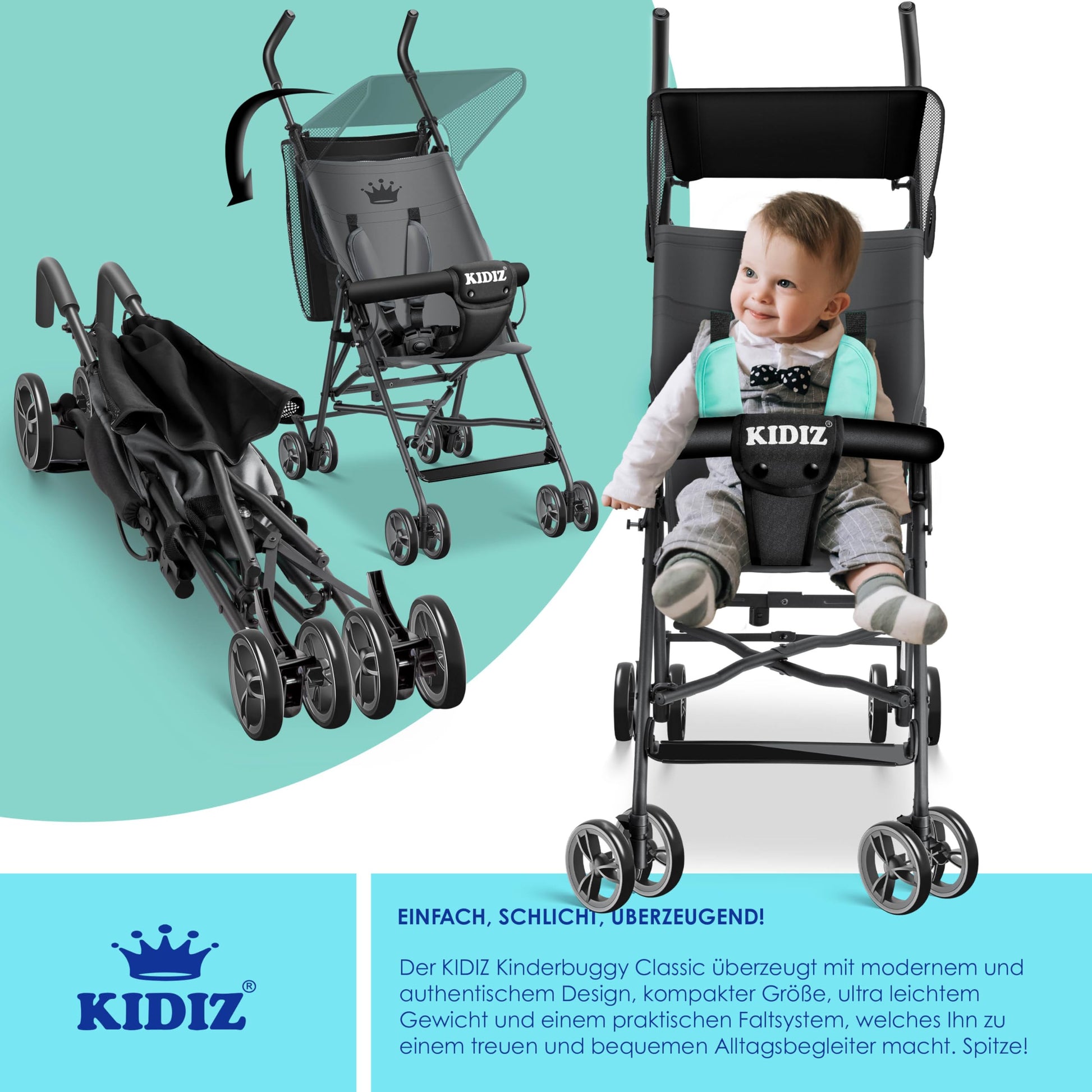 KIDIZ® City Buggy Foldable 360° 4 Inch Wheels Including Sun and Rain Cover Foldable 5-Point Safety Belt from 6 Months Anthracite - Meloni2