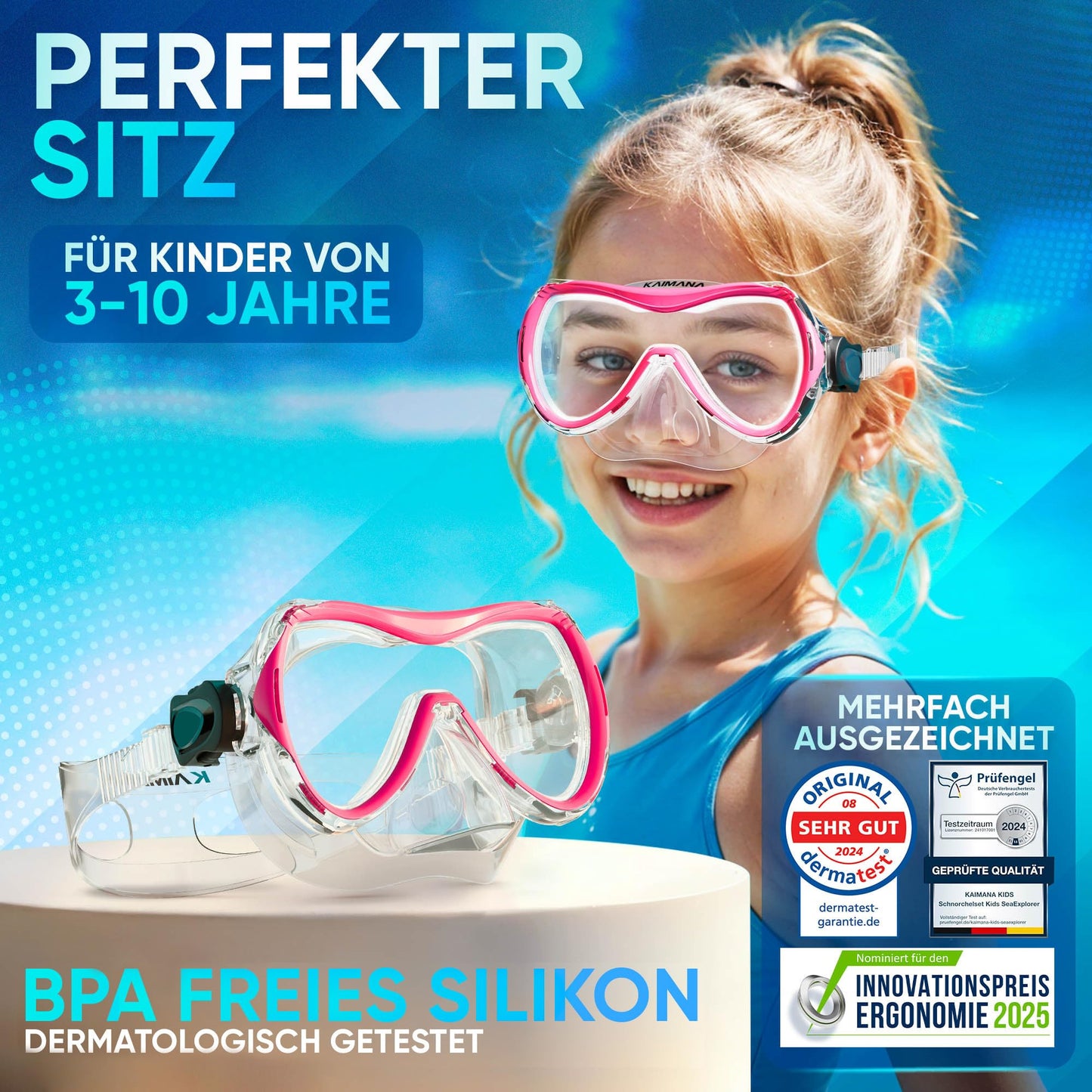 Das Neue KAIMANA® SeaExplorer Schnorchelset Kinder + Tragetasche, Taucherbrille mit Schnorchel, Taucherbrille Kinder, Alternative zur Schnorchelmaske Kinder, Taucherbrille mit Stoffband/Silikonband