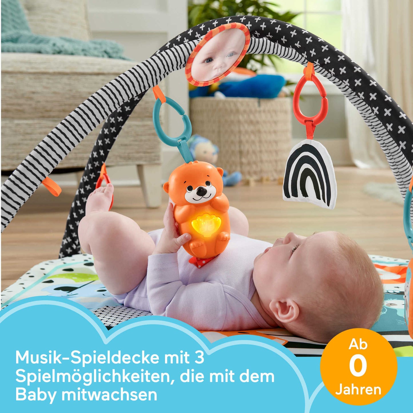 Fisher-Price Animal Friends Contrast Play Mat, Play Arch, with Music and Light, Crawling Mat for Baby, for Tummy Time Play, Baby Equipment, from Birth, HPF39 