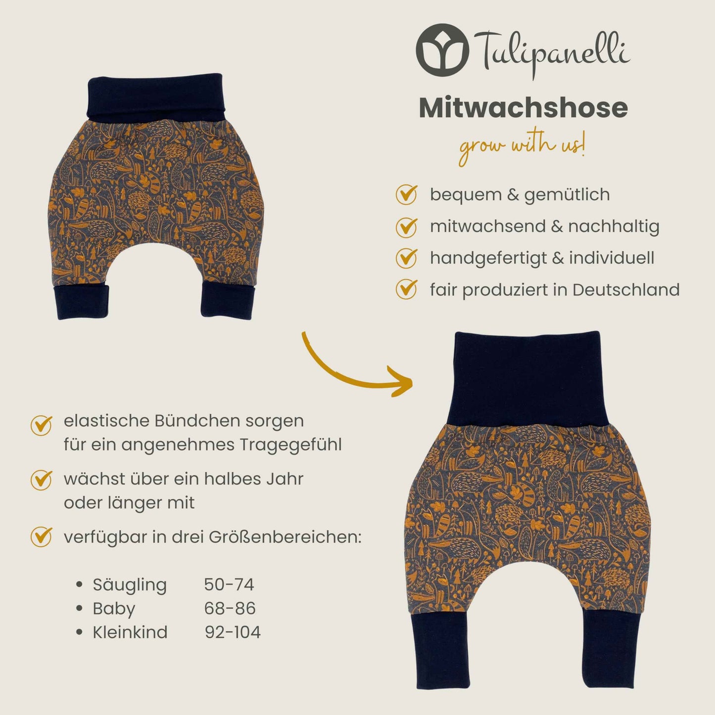 Baby Baggy Trousers, Handmade Cotton Jersey Grow Trousers, Sizes 50-74, 68-86, 92-104, Wide Waistband (Wild Life, 50-74)