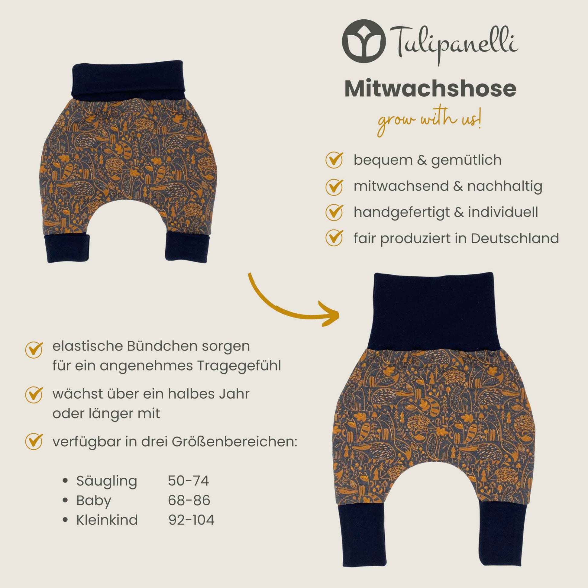 Baby Baggy Trousers, Handmade Cotton Jersey Grow Trousers, Sizes 50-74, 68-86, 92-104, Wide Waistband (Wild Life, 50-74)