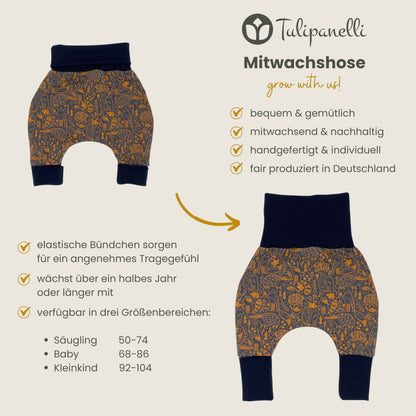 Baby Baggy Trousers, Handmade Cotton Jersey Grow Trousers, Sizes 50-74, 68-86, 92-104, Wide Waistband (Wild Life, 50-74)