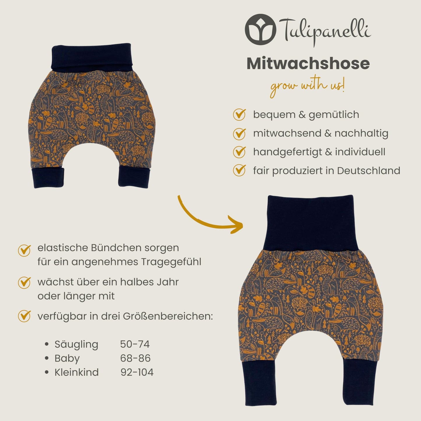 Baby Baggy Trousers, Handmade Cotton Jersey Grow Trousers, Sizes 50-74, 68-86, 92-104, Wide Waistband (Wild Life, 50-74)