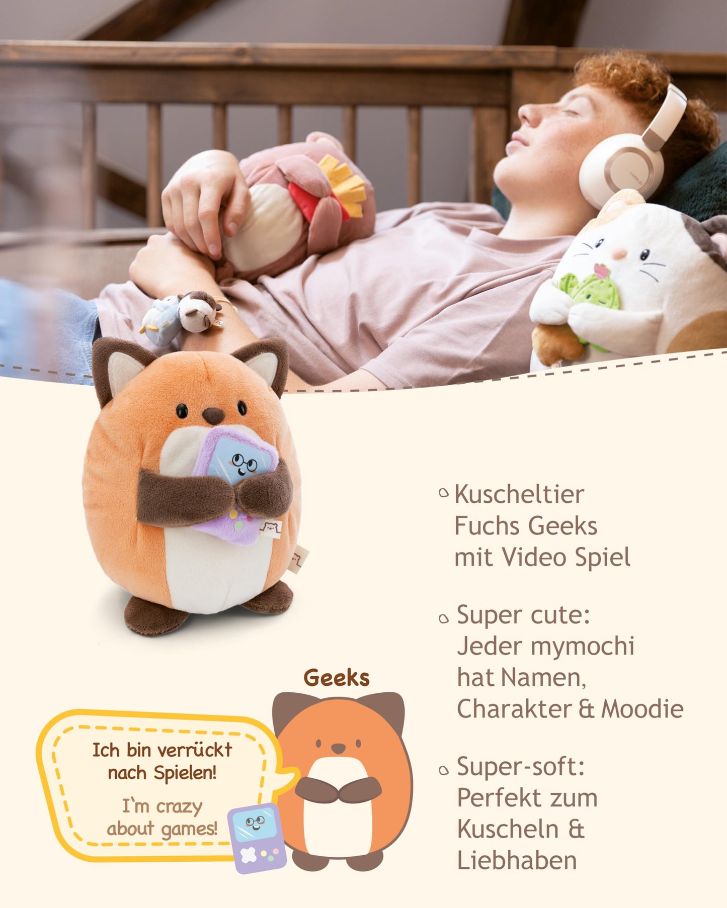 NICI MYMOCHI Fuchs Kuscheltier Geeks 16 cm mit Videospiel in Geschenkbox 11x12x6,5 cm, Flauschiges Stofftier zum Kuscheln, Spielen und Liebhaben - 61151