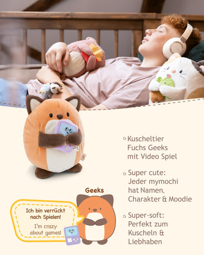 NICI MYMOCHI Fuchs Kuscheltier Geeks 16 cm mit Videospiel in Geschenkbox 11x12x6,5 cm, Flauschiges Stofftier zum Kuscheln, Spielen und Liebhaben - 61151