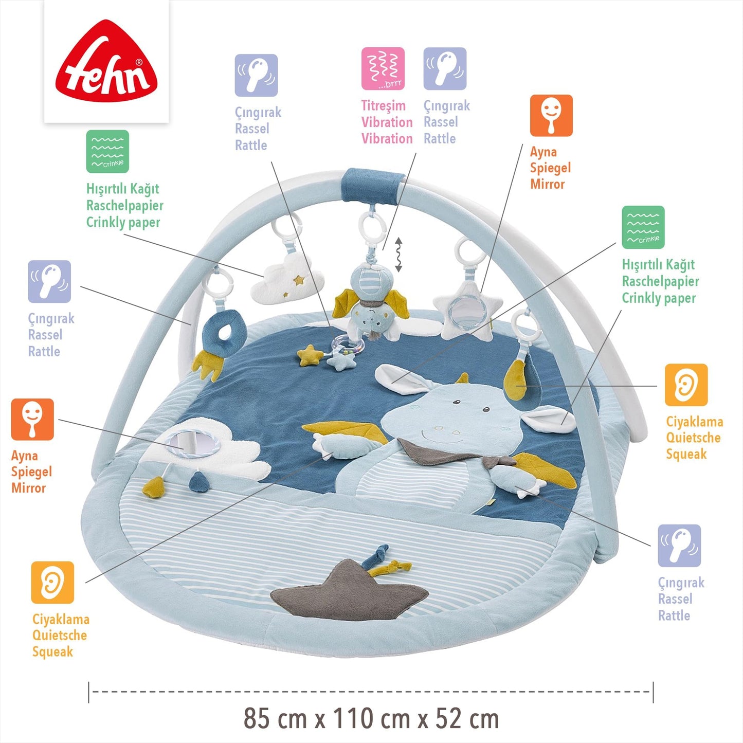 Fehn 3-D-Activity-Decke Spielbogen Peru – Baby Krabbeldecke mit 5 abnehmbaren Spielzeugen zum Greifen – Spieldecke für Babys und Kinder ab 0+ Monaten – Krabbelmatte als Geschenk zur Geburt