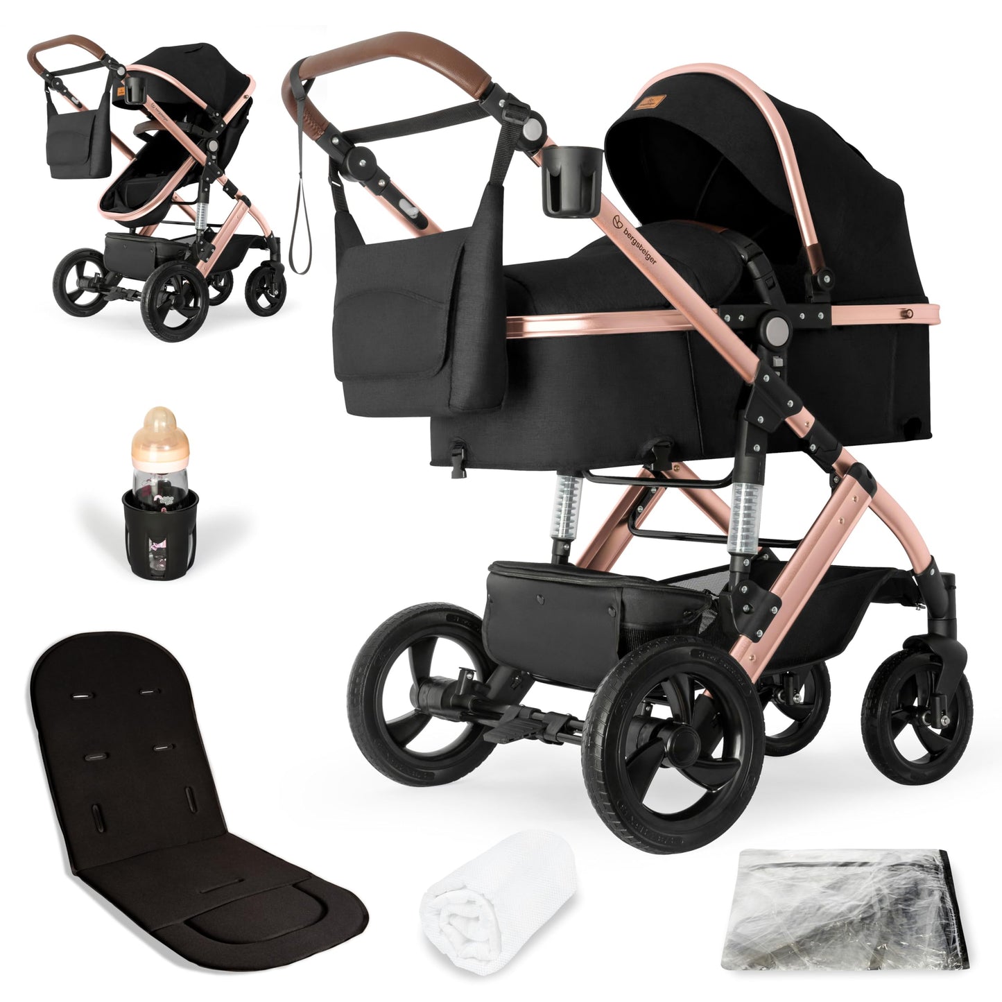 Bergsteiger Nizza 3 in 1 Kinderwagen, Kombikinderwagen Komplettset, Auto-Babyschale & Isofix Station, Babywanne & Buggy Sportsitz inklusive