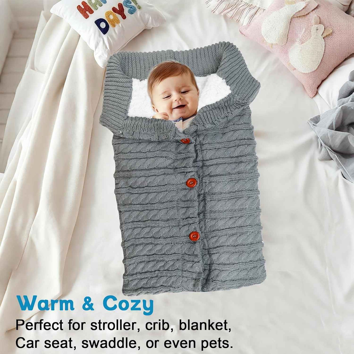 LPZMPZ Winterfußsack, Fußsack Kinderwagen, Universal Wintersack Buggy, Stricken Footmuff, Babyschlafsack Winter mit Fleece, Warmes Fußsäcke, Kinderwagendecke für Baby von 0-12 Monaten (Grau)