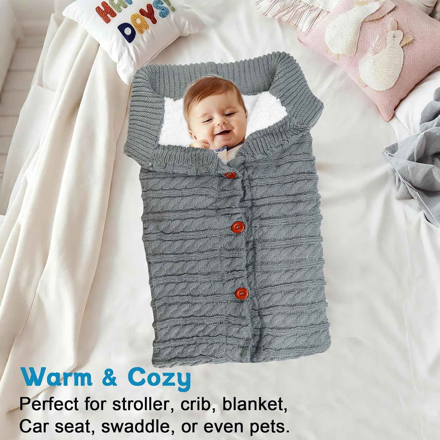 LPZMPZ Winterfußsack, Fußsack Kinderwagen, Universal Wintersack Buggy, Stricken Footmuff, Babyschlafsack Winter mit Fleece, Warmes Fußsäcke, Kinderwagendecke für Baby von 0-12 Monaten (Grau)