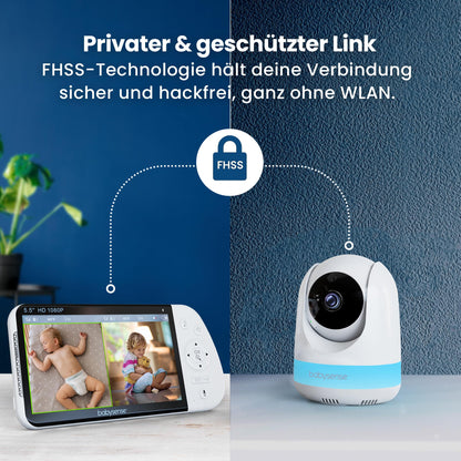 Babysense Full HD Split-Screen-Babyphone mit 2 Kameras, Nachtlicht in 6 Farben, Geräusch- & Lichtmaschine, 20-Stunden-Akku, abhörsichere Verbindung ohne WLAN