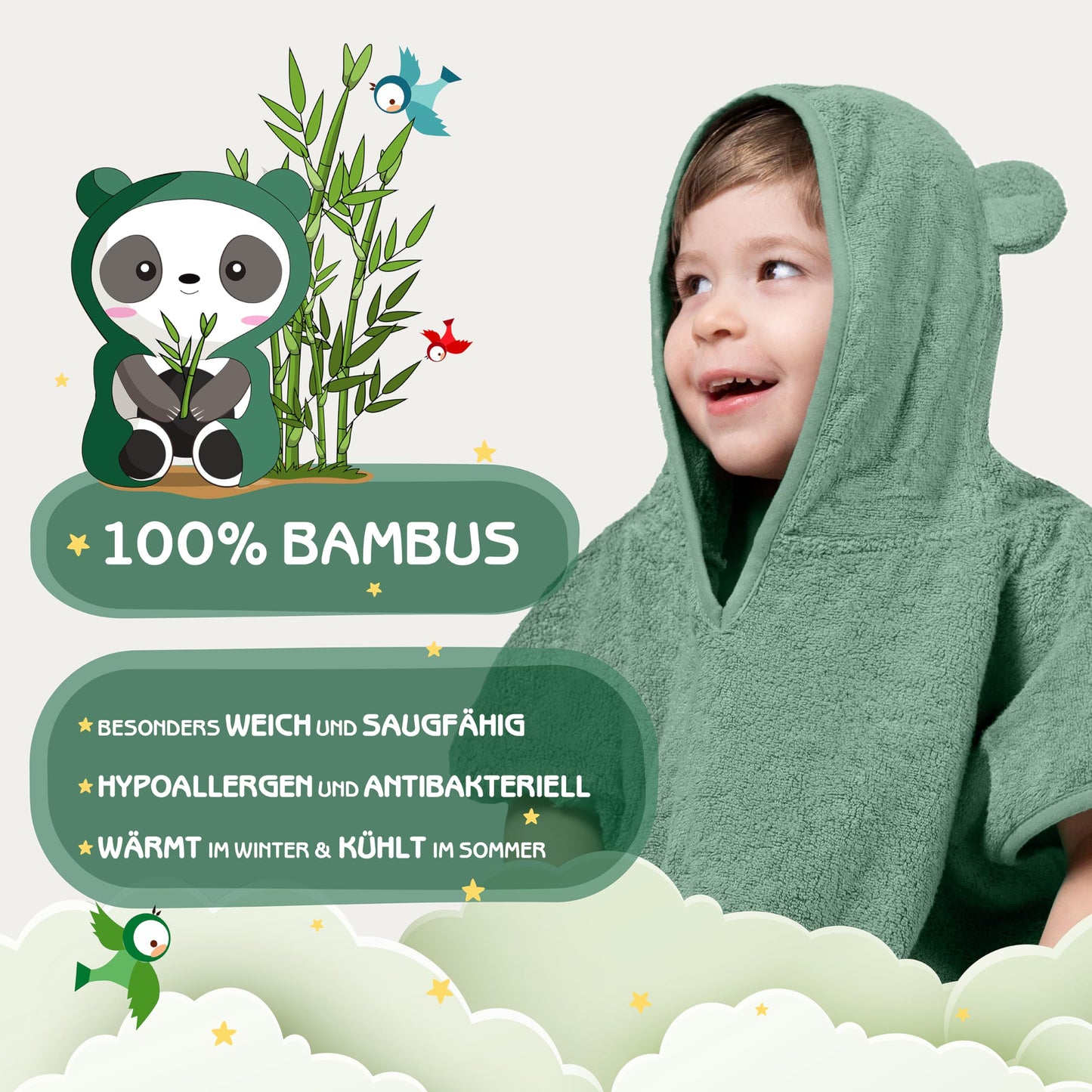 Fuchs&Panda® Badeponcho Kinder EXTRA warm, weich & kuschelig (100% Bambus) | Badeponcho Baby | Handtuch Poncho Kinder mit toller Geschenkverpackung (Kupfer-grün)