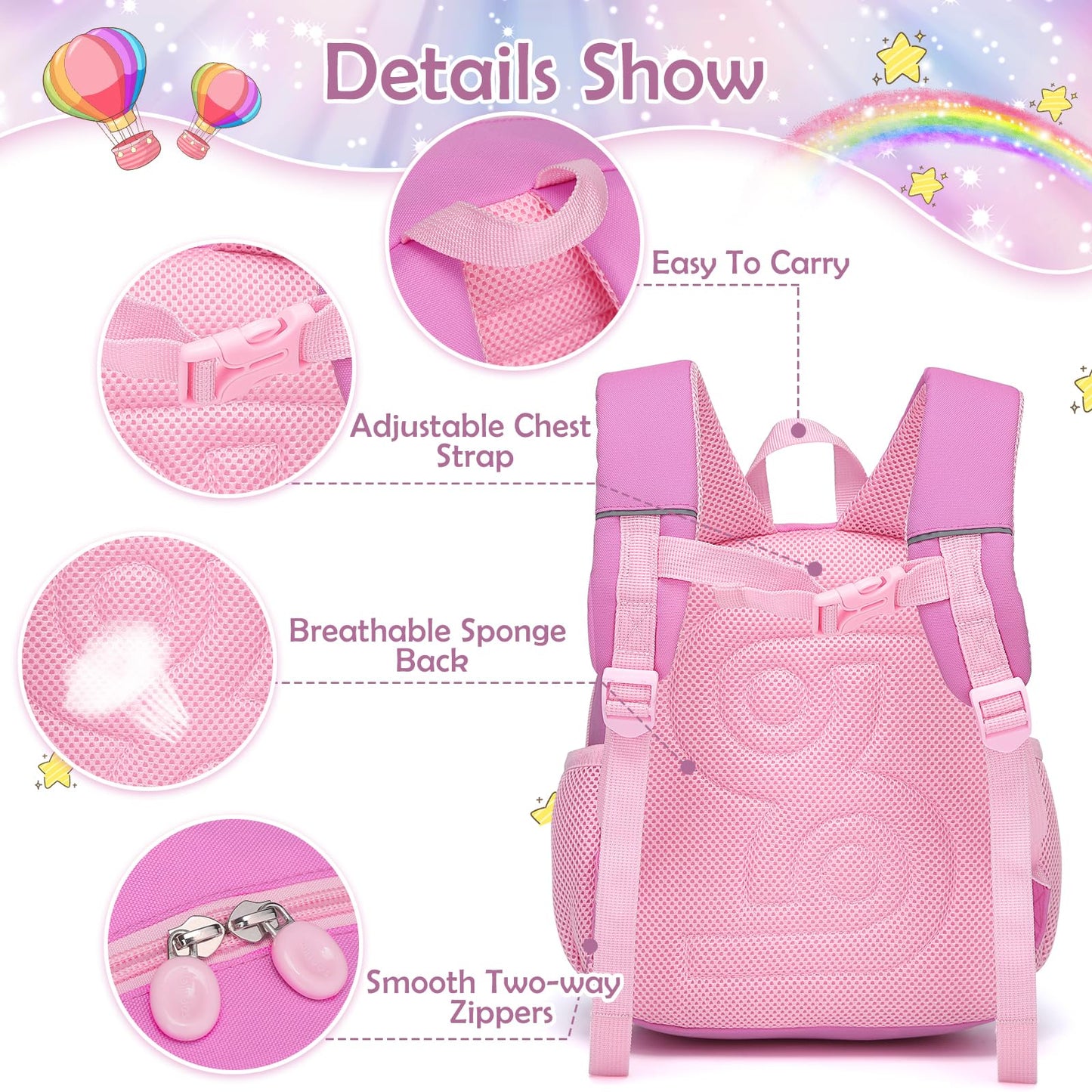 Kinderrucksack Mädchen Kleiner Rucksack Kinder mit Brustgurt, Rosa | Leicht Wasserdicht Vorschule Kleinkind, Schulrucksack Einhorn, Tagesrucksack, Kindergarten Schultasche für 1-5 Jahre