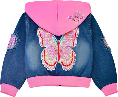 Peacolate 2-11 Jahre kleine Mädchen Stickerei Pailletten Schmetterling Mäntel Jeansjacke