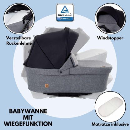 GaGaDumi Boston Kinderwagen 3 in 1 Komplettset mit Autositz - Kombikinderwagen mit großen Rädern - TÜV-zertifiziert - Baby Stroller Set - für Neugeborene und Kleinkinder Schwarz