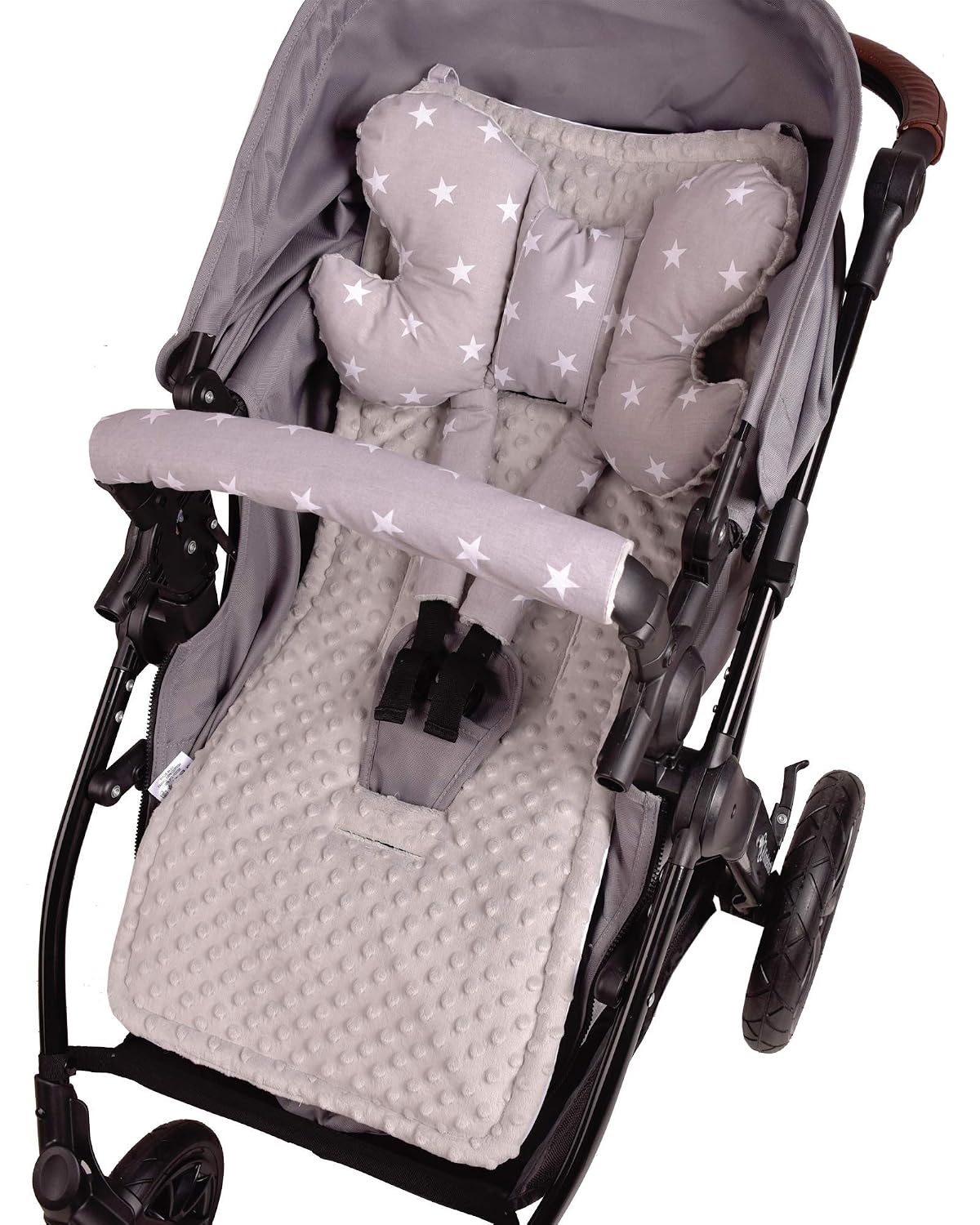 Sitzauflage Kinderwagen Buggy Baby Sommer Kindersitz Einlage Universal - 5tgl Gurtpolster + Spielbogen Kinderwagenset Babyschale (Safari mit beige Minky)