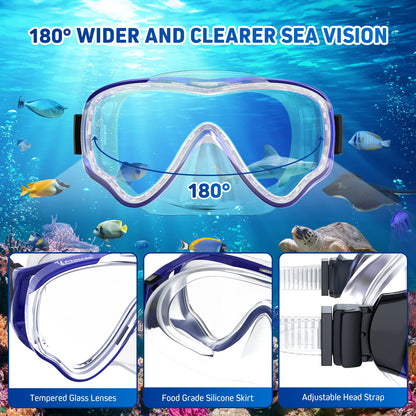 UPhitnis Kinderschnorchelset mit Flossen, Antibeschlag 180° Panorama Taucherbrille, verstellbare Schwimmflossen und Premium Dry Schnorchel, 3-in-1 Schnorchelset für Kinder mit Tragetasche