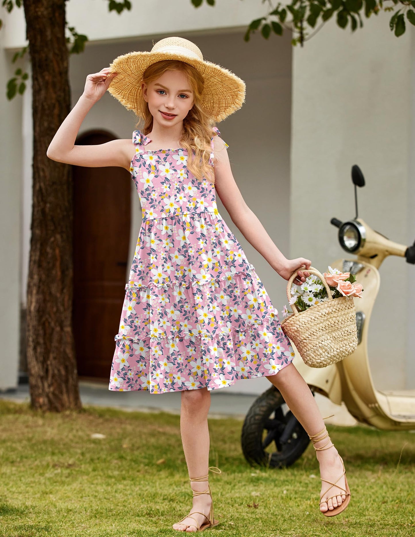 Arshiner Mädchen Kleider Fliege Trägerkleid Kinder Baumwolle Sommerkleid Ärmelloses A-Linie Swingkleid Schulterfrei Elegant Freizeitkleid für Mädchen 5-15 Jahre