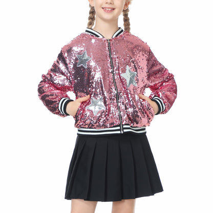 LOLANTA Girls Sequin Bomber Jacket with Pockets Zipper Long Sleeve Glitter Baseball Jackets for Kids 4-13 Years 