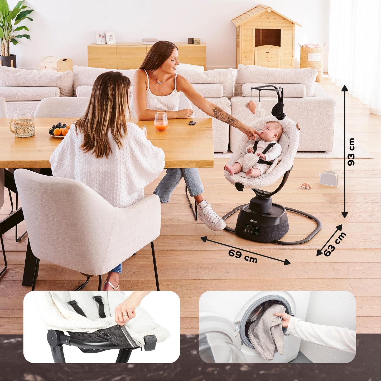 Babymoov Baby Swing Swoon Evolution Curl White - Electric Baby Rocker with 8 Rocking Movements, 360° Rotating Seat, 12 Melodies 