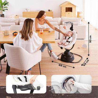 Babymoov Baby Swing Swoon Evolution Curl White - Electric Baby Rocker with 8 Rocking Movements, 360° Rotating Seat, 12 Melodies 