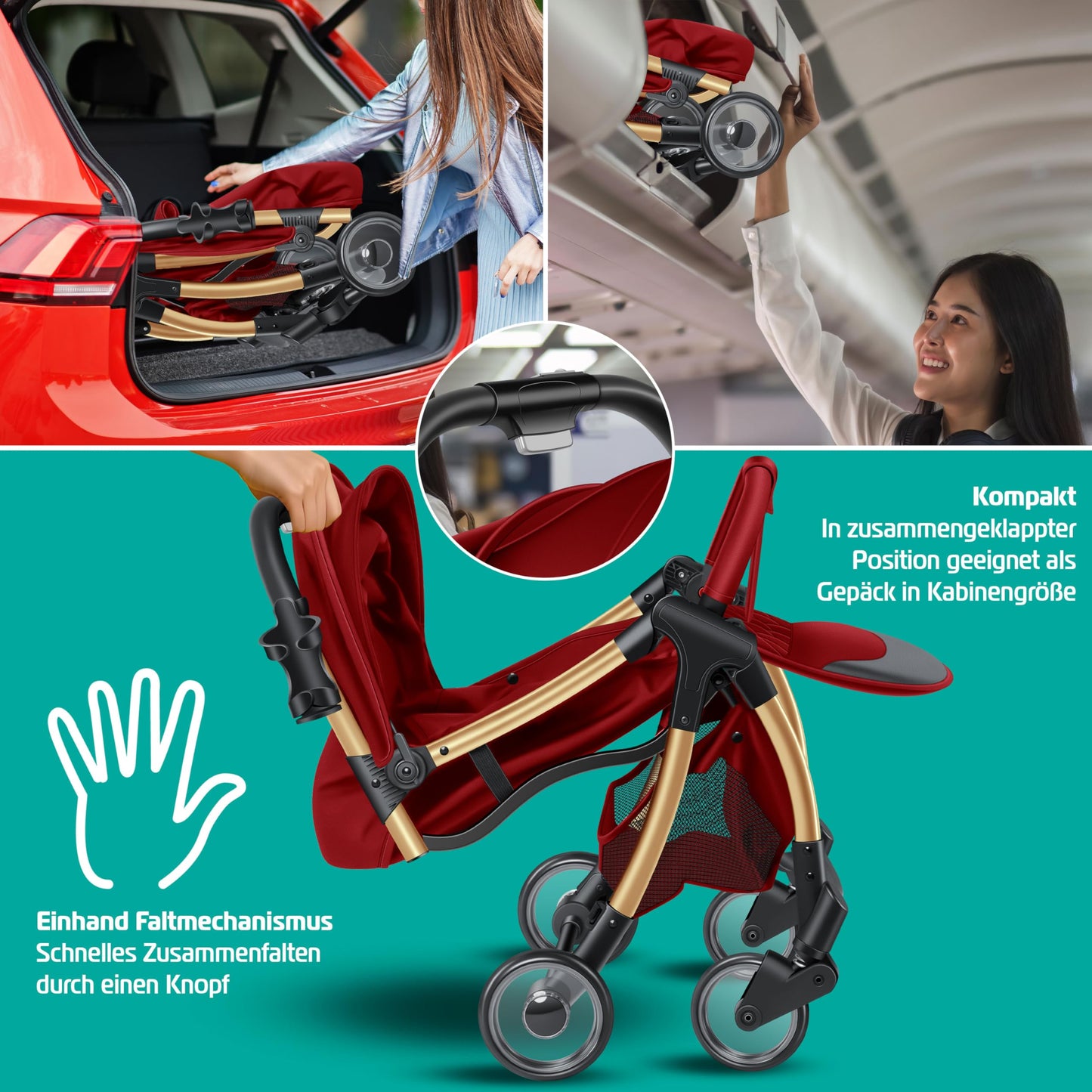 KIDIZ® Folding Pushchair, Sports Pram, 360° Wheels, 5-Point Harness, incl. Drinks Holder, Rain Cover, Adjustable Backrest and Sun Canopy, Red