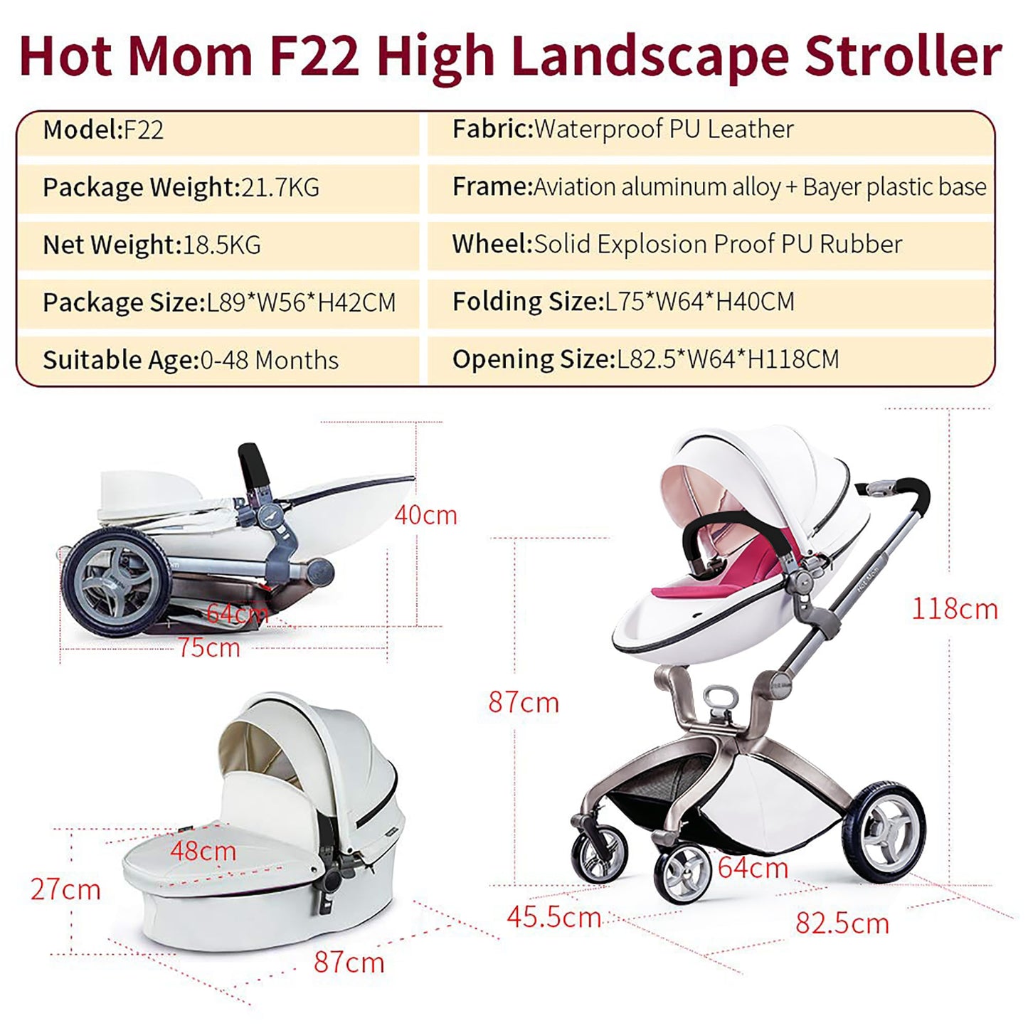 Hot Mom Kinderwagen 3in1 Set Klassik Kombikinderwagen, Modell F22 mit Alu-Rahmen/Vollgummireifen (Schwarz)