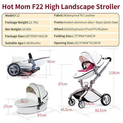 Hot Mom Kinderwagen 3in1 Set Klassik Kombikinderwagen, Modell F22 mit Alu-Rahmen/Vollgummireifen (Schwarz)
