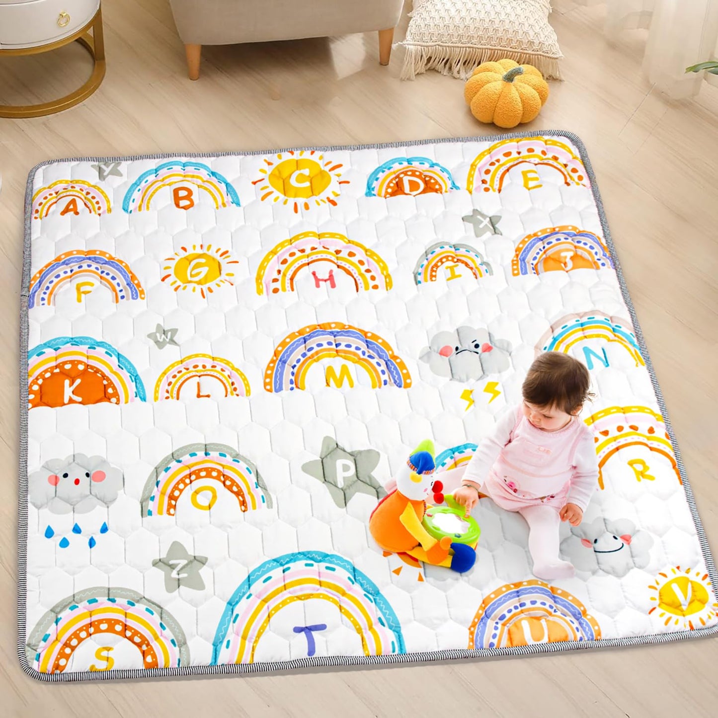 Funsland crawling carpet for babies, non-slip baby play mat, non-toxic 127x127cm, cotton animal crawling mat for babies, foldable with a height ruler, children's play mat for indoors/outdoors/fences 