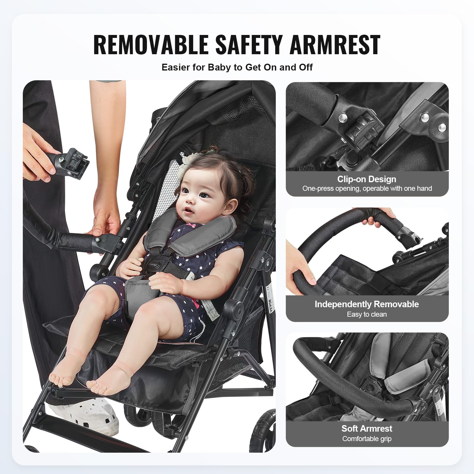 VEVOR Leichter Kinderwagen, kompakt, einfach zusammenklappbar, mit verstellbarer Rückenlehne, Rahmen aus Karbonstahl, großem Aufbewahrungskorb, Kinderwagen mit Schirm für Reisen und mehr, Schwarz/Weiß - Meloni2
