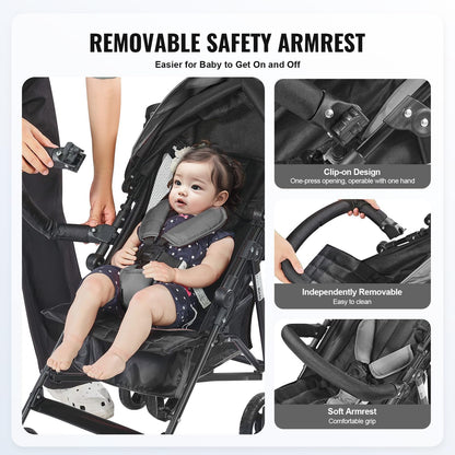 VEVOR Leichter Kinderwagen, kompakt, einfach zusammenklappbar, mit verstellbarer Rückenlehne, Rahmen aus Karbonstahl, großem Aufbewahrungskorb, Kinderwagen mit Schirm für Reisen und mehr, Schwarz/Weiß - Meloni2