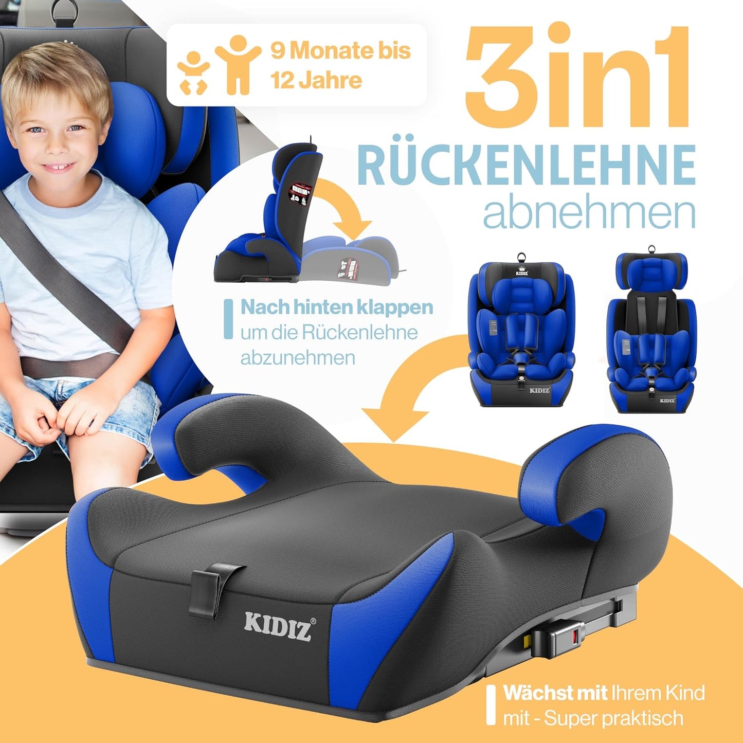 Autokindersitz mit Isofix i-Size R129 100-150cm bis 12 Jahre, Kinderautositz Gruppe 1/2/3, mitwachsender Kindersitz, 5-Punkt-Gurt & höhenverstellbare Kopfstütze, Sitzerhöhung Auto, Schwarz