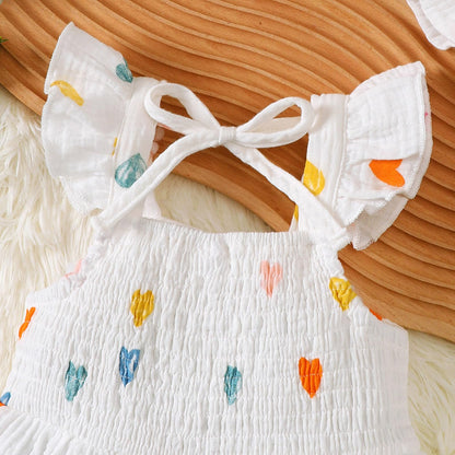 Kleinkind Baby Mädchen Sommer Kleid Outfit Rüschenärmel Herz/Blumenmuster Boho Kleider Niedliches Baby Sommerkleid mit Hut