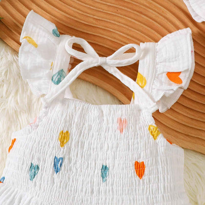 Kleinkind Baby Mädchen Sommer Kleid Outfit Rüschenärmel Herz/Blumenmuster Boho Kleider Niedliches Baby Sommerkleid mit Hut