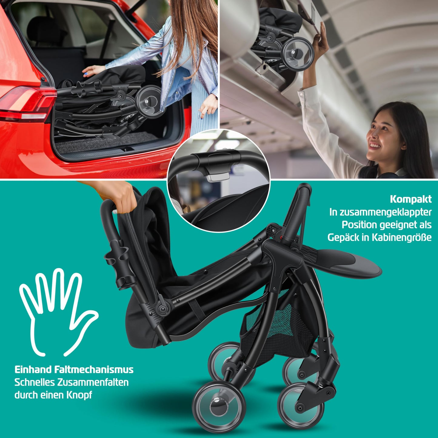 KIDIZ® Folding Pushchair, Sports Pram, 360° Wheels, 5-Point Harness, incl. Drinks Holder, Rain Cover, Adjustable Backrest and Sun Canopy, Red