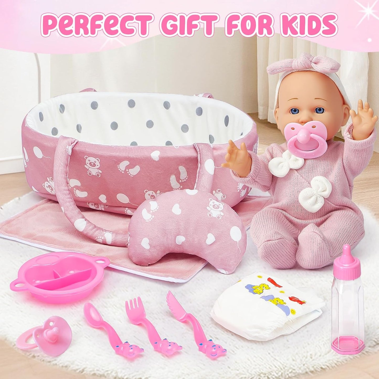 vamei Puppenzubehör Puppen Zubehör mit Puppenbett Puppenwindeln für 36cm Puppen, Tragbares , Geschenk für Mädchen Junge ab 3 Jahren, Rollenspiel Spielzeug