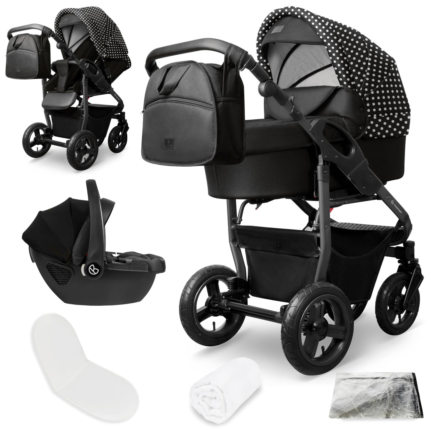 Bergsteiger Capri 3-in-1 Combination Pushchair - Baby Carrier, Sports Seat & i-Size Baby Seat, Pneumatic Tyres, Suspension, Height-Adjustable Handle, Foldable, Accessories