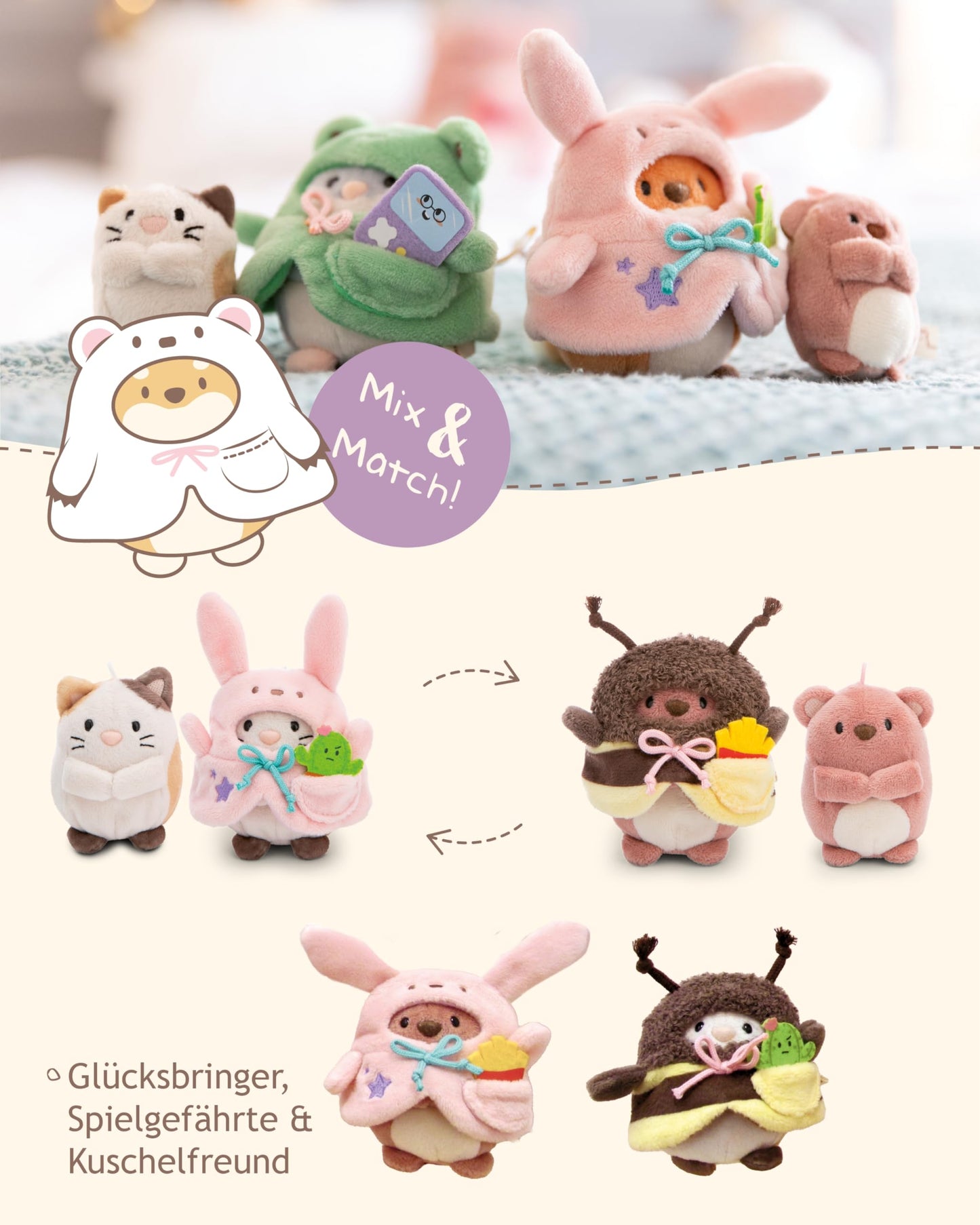NICI MYMOCHI Kuscheltier Set - Kuscheltier Bär Nomo 8 cm mit Pommes und Bienenkostüm in Geschenkbox, Flauschiges Stofftier zum Kuscheln, Spielen und Liebhaben - 61142