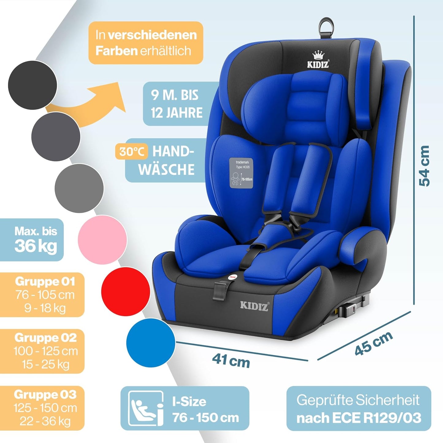 Autokindersitz mit Isofix i-Size R129 100-150cm bis 12 Jahre, Kinderautositz Gruppe 1/2/3, mitwachsender Kindersitz, 5-Punkt-Gurt & höhenverstellbare Kopfstütze, Sitzerhöhung Auto, Schwarz