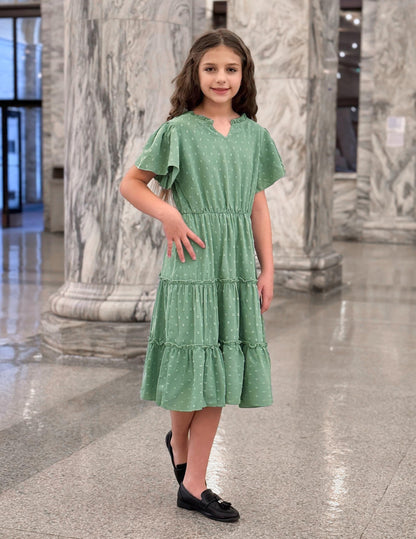 Arshiner Mädchen Kleid Festliches Rüschenärmel Sommerkleider V-Ausschnitt Partykleid Swiss Dot Stufenkleid Kinder A-Linie Swing Kinderkleid mit Tasche 3-12 Jahre