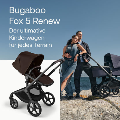 Bugaboo Fox 5 Renew, 2-in-1 Kinderwagen für jedes Gelände, mit Liegewanne | ausziehbarer Kleinkindsitz, praktische Ein-Hand Faltung, Fahrgestell in Schwarz und Sonnendach in Forest Green ab Lager