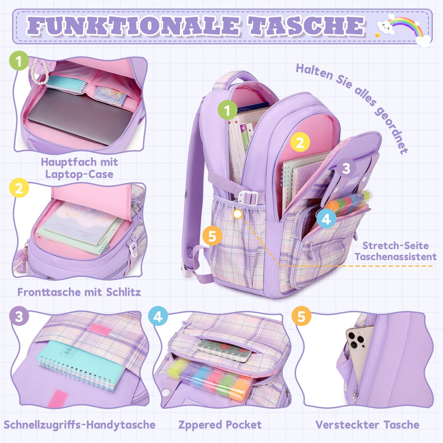 Rucksack mädchen 22L ergonomisch mit reflektierenden Streifen | Wasserdichtes Karogewebe, atmungsaktives 3D-Rückenpolster, zahlreiche getrennte Fächer, passend für 15,6-Zoll-Laptops