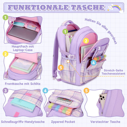 Rucksack mädchen 22L ergonomisch mit reflektierenden Streifen | Wasserdichtes Karogewebe, atmungsaktives 3D-Rückenpolster, zahlreiche getrennte Fächer, passend für 15,6-Zoll-Laptops