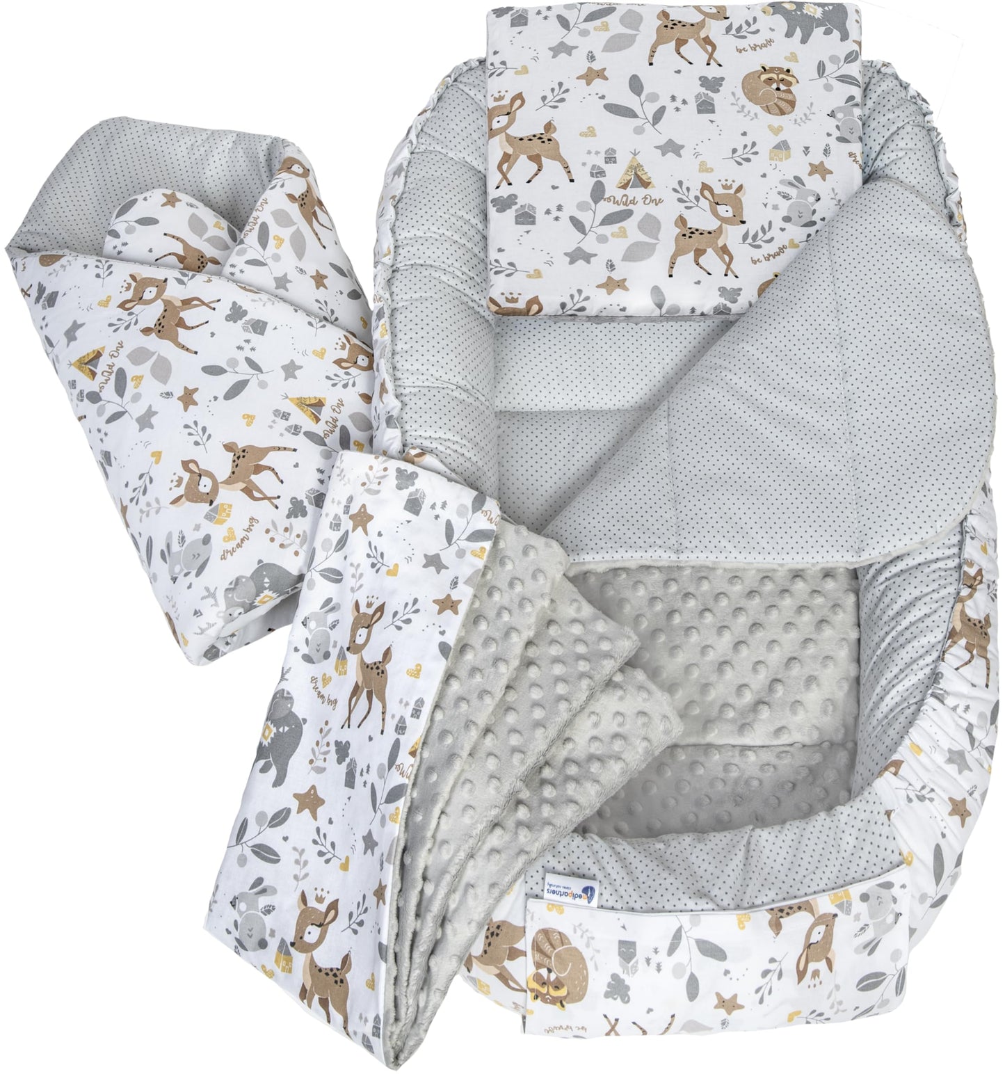Medi Partners Babynestchen Babynest Set 100x60x15 Kuschelnest 5 teilig herausnehmbarer Einsatz Kokon Nestchen Babys Neugeborene 100% Baumwolle (REH mit Grauem Minky) - Meloni2