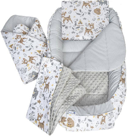 Medi Partners Babynestchen Babynest Set 100x60x15 Kuschelnest 5 teilig herausnehmbarer Einsatz Kokon Nestchen Babys Neugeborene 100% Baumwolle (REH mit Grauem Minky) - Meloni2