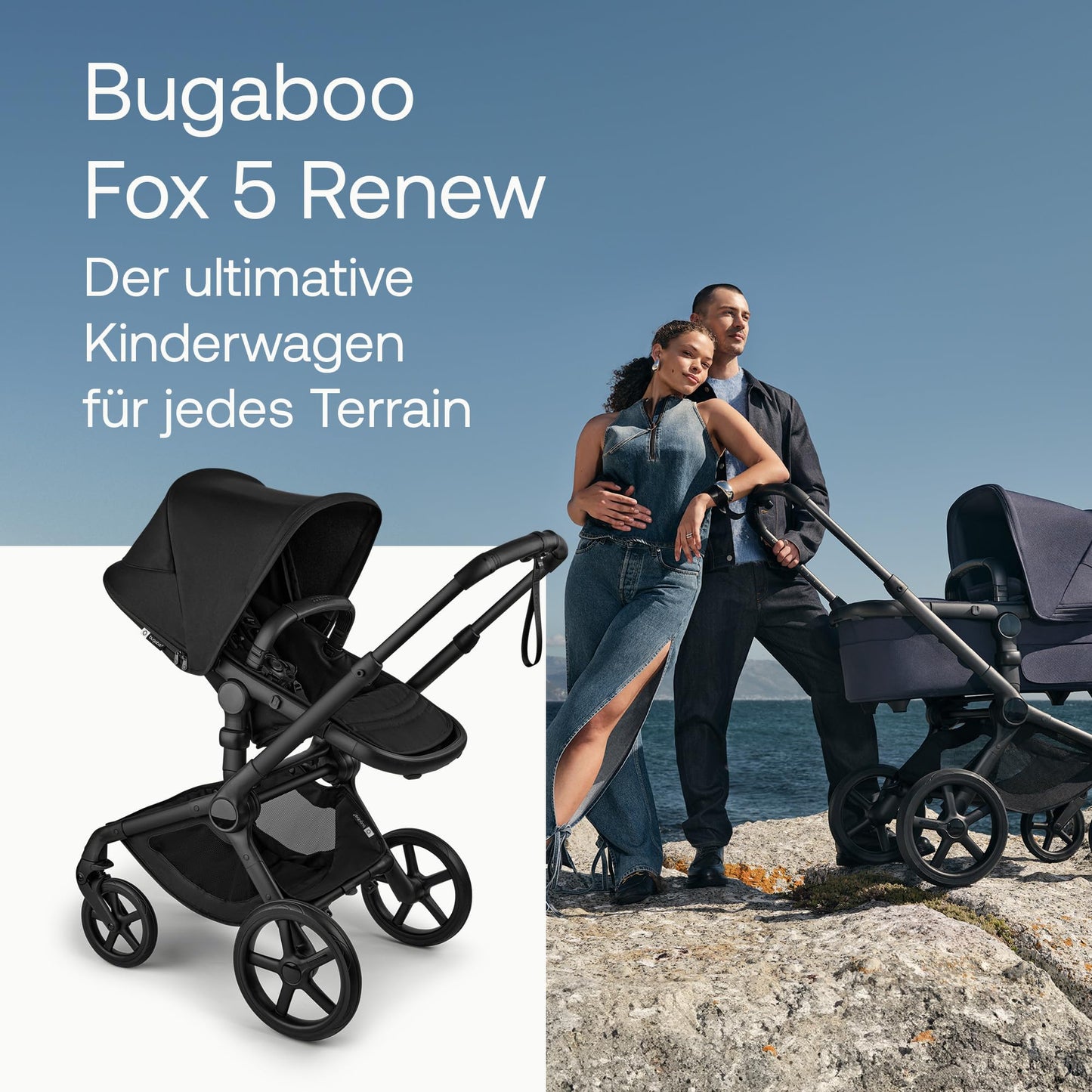 Bugaboo Fox 5, 2-in-1 Kinderwagen für jedes Gelände, mit Liegewanne und ausziehbarem Kleinkindsitz, einfach zu manövrieren und Ein-Hand Faltung, Fahrgestell in Schwarz und Sonnendach in Forest Green