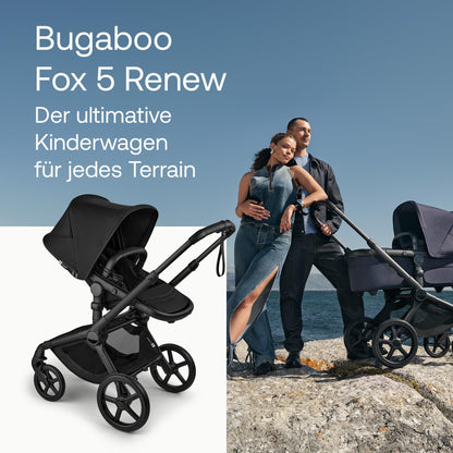 Bugaboo Fox 5, 2-in-1 Kinderwagen für jedes Gelände, mit Liegewanne und ausziehbarem Kleinkindsitz, einfach zu manövrieren und Ein-Hand Faltung, Fahrgestell in Schwarz und Sonnendach in Forest Green