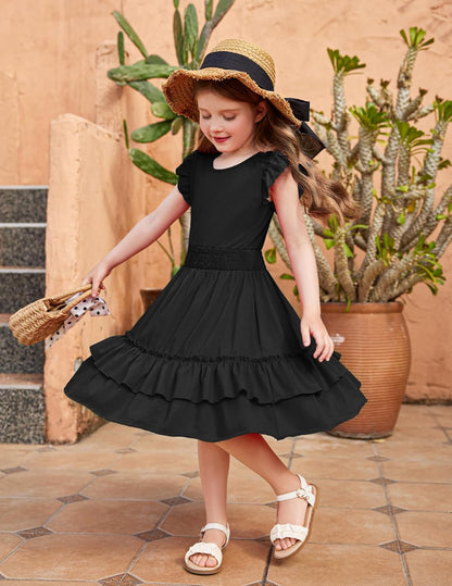 Arshiner Girls Dresses Flutter Sleeves Kids Summer Cotton Formal Dress A-Line Waist Lace-up Casual Dress Swing Dress Elegant Sleeveless Dress for Girls 5-13 Years 