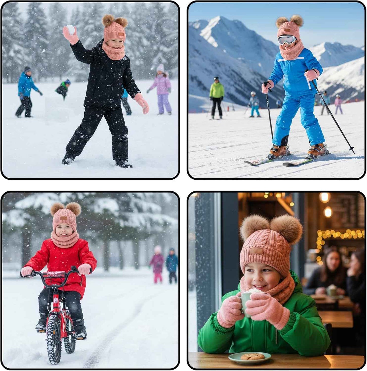 Hat Scarf Set Girls, Winter Hat Girls, Winter Hat Children, Scarf and Hat Set Hat Girls 6 Years, 4-Piece Set in Soft Pink