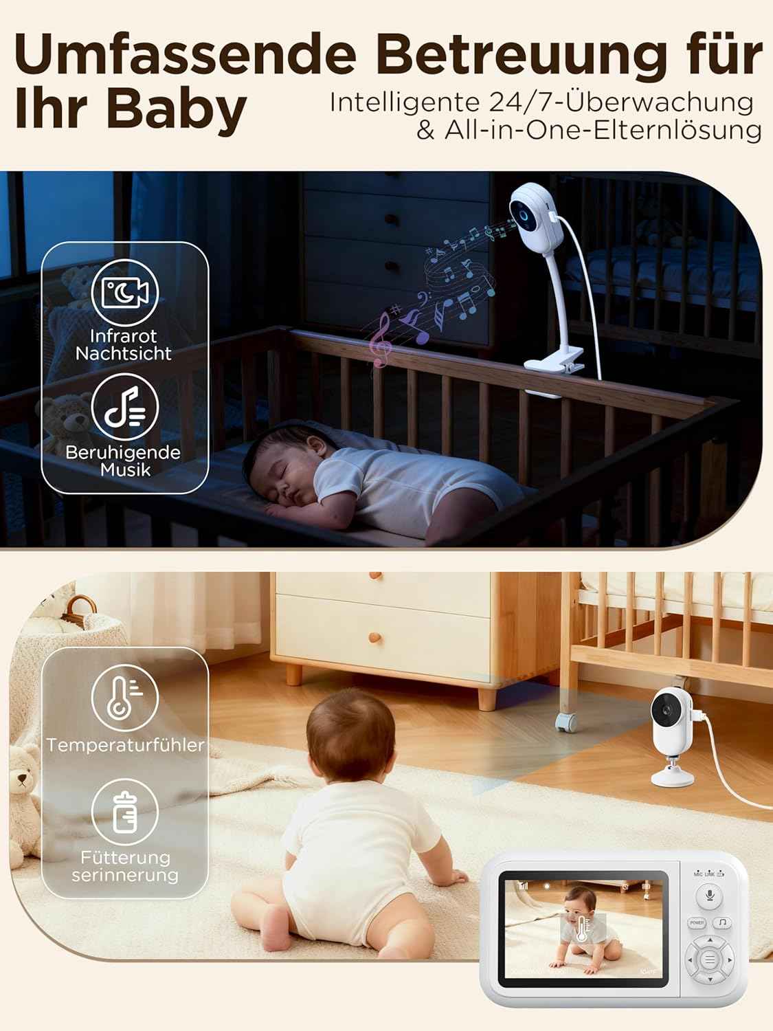 Baby Monitor with Camera, 1080P Baby Camera Monitor with Holder and Bed Clip Without WiFi, 2-Way Audio, Crying Detection, 4x Zoom, Night Vision, Temperature Sensor, 3.5 Inch LCD Baby Monitor with SD